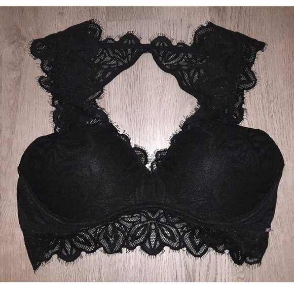 Victoria's Secret PINK Date Push Up Bralette Black Lace Padded Bra Size Medium - Picture 1 of 4